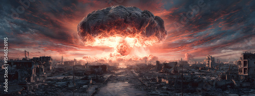 Nuclear devastation - atomic explosion and horrific aftermath, depicting immense destruction, suffering caused by blast, emphasizing enduring scars on humanity and nature.
