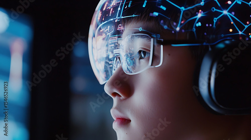 Bright close-up of a student deeply focused as a semi-transparent AI assistant projects educational content in mid-air 