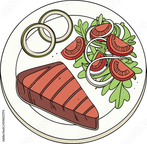 Realistic red meat grill and salad vector image on the plate