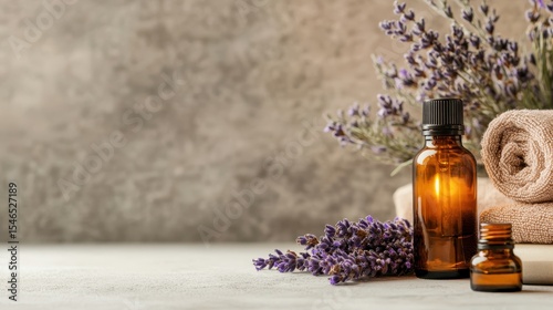 Serene arrangement of lavender, oil bottles, and towels captures a peaceful spa atmosphere, promoting relaxation and wellness with soothing colors and textures.