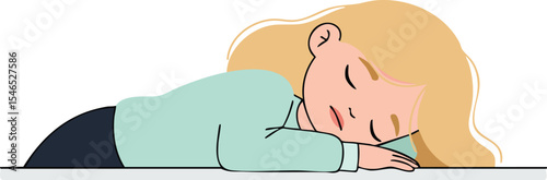 Young woman sleeping peacefully on table with blonde hair and casual clothing calm restfulness 