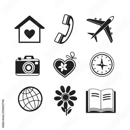 make a set of 9 icons using a flat black color vector art illustration