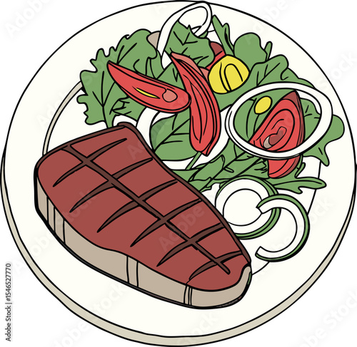 Realistic red meat grill and salad vector image on the plate