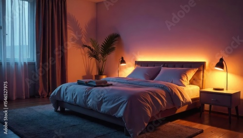 Serene bedroom ambiance created with soft, warm LED bed lighting Perfect for relaxation and reading before sleep Adjustable brightness for customized comfort , reading, side table, bright