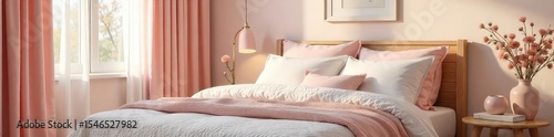 Serene bedroom decorated with soft pastel colors, plush textiles, and comforting textures evokes a feeling of warmth and gentleness Perfect for relaxation and self-care , fluffy, self-care