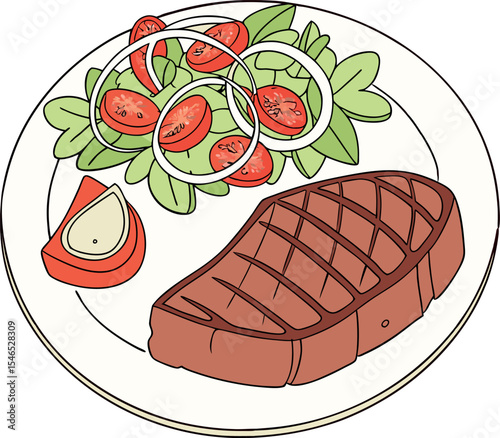 Realistic red meat grill and salad vector image on the plate