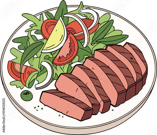 Realistic red meat grill and salad vector image on the plate