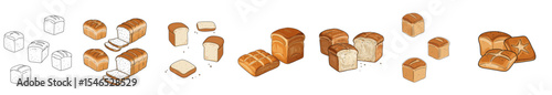 Set of mini square breads with variations, bakery products and ingredients for packaging design, menus, brochures or advertisements  