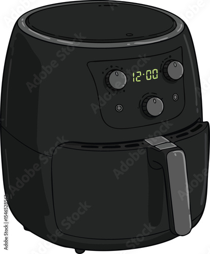 Black digital air fryer with control knobs and timer display for easy cooking and healthy meals