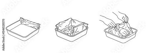 Set of images of bakery products and ingredients for packaging design, menus, brochures or advertisements showing packing with foil for baking