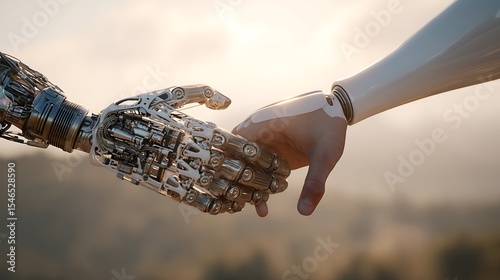 Humanoid robot reaching out to shake hands with a human, symbolic of cooperation with accountability, soft sunlight background, peaceful and thoughtful tone, ultra-realistic, no watermark 