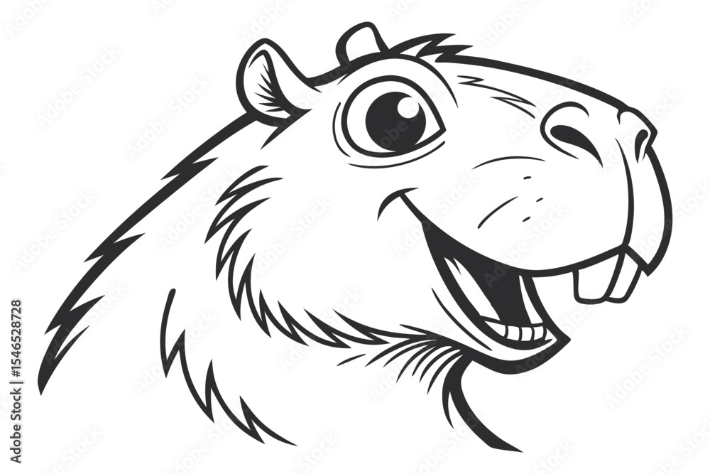 Obraz premium Outlined beaver character smiles broadly, showing its teeth in black and white line art