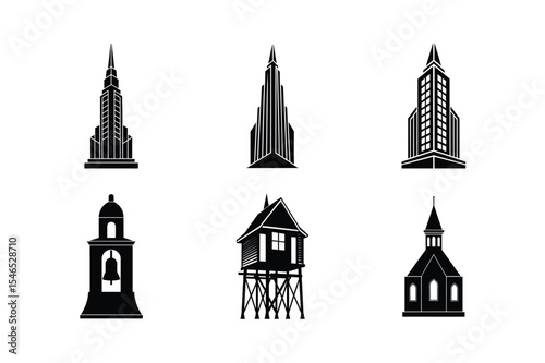 Silhouetted buildings including skyscrapers church bell tower and stilt house