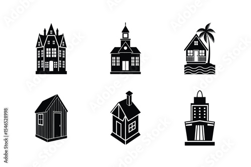 Variety of Building Icons Including House School Cabin and Cruise Ship