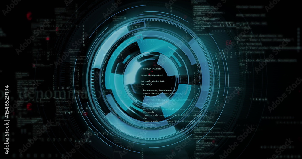 Fototapeta premium Rotating blue circular HUD interface in virtual space, with orbiting indicators and code fragments