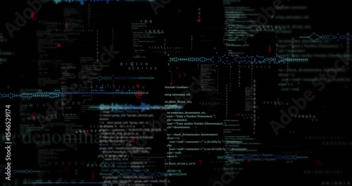 Computer screen displaying layered code snippets with binary sequences and ASCII waves