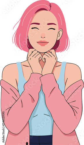Young woman with pink hair and casual outfit expressing happiness and contentment in a relaxed pose 