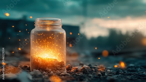 A glass jar containing glowing sparks creates a surreal atmosphere, symbolizing hope, creativity, and the beauty of life's fleeting moments and wonders.