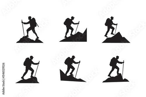man hiking mountain with stick silhouette vector art