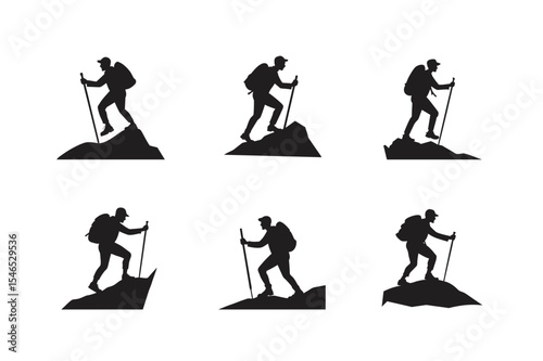 man hiking mountain with stick silhouette vector art
