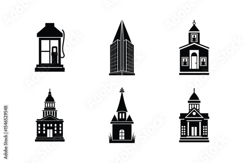 Collection of building icons including gas station skyscraper and churches