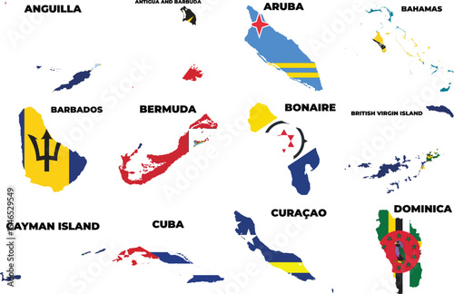Caribbean Island Countries Map Vector with National Flags – Vol. 1