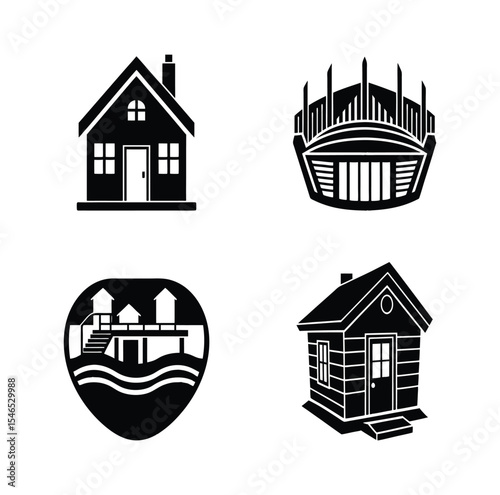 Four Unique Black and White House Icons in a Vector Graphic