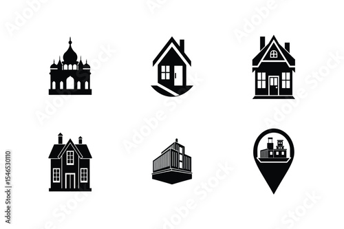 Collection of Black and White Building Icons Representing Different Structures