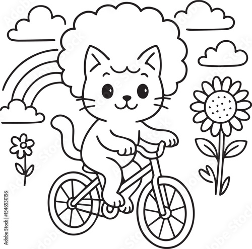 A cartoon cat, positioned in the center of the image, is riding a bicycle. The cat has large, fluffy, afro-style hair on its head and a friendly, smiling expression. Its eyes are large and round, and 