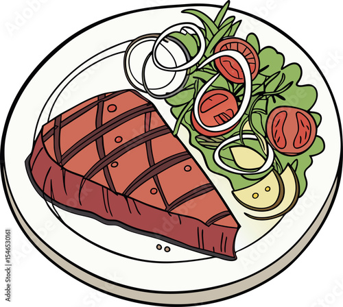 Realistic red meat grill and salad vector image on the plate