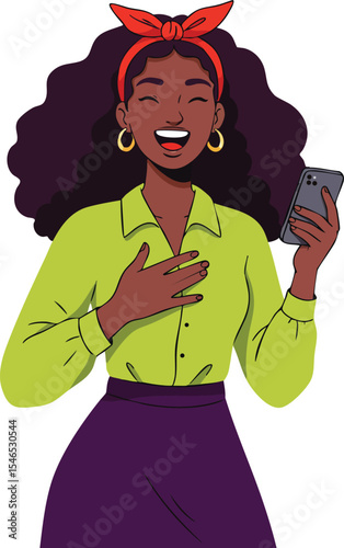 Young woman laughing while holding smartphone with red headband and green blouse in digital illustration 
