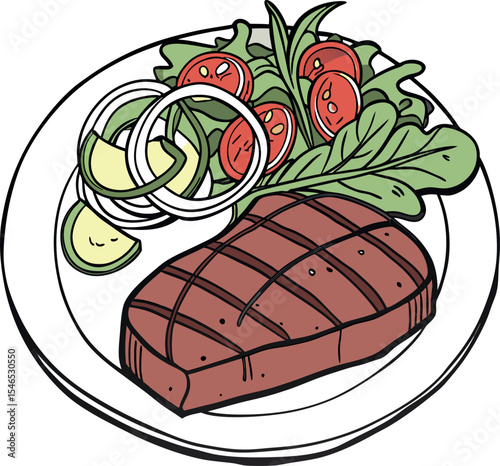 Realistic red meat grill and salad vector image on the plate