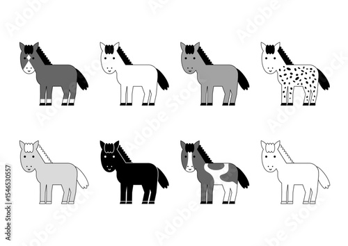 かわいい馬の品種のイラストセット（白黒）