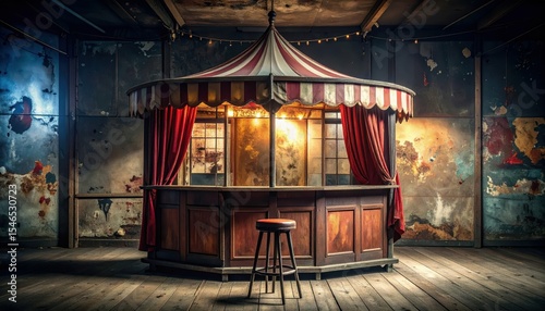 Dark Carnival Ticket Booth with Torn Posters and Empty Stool