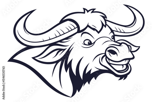 Isolated cartoon buffalo head shows a mischievous grin with outlined details against white background