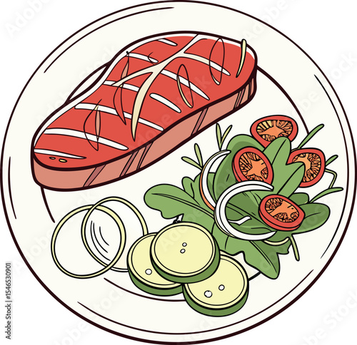 Realistic red meat grill and salad vector image on the plate