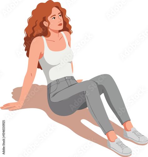 Young woman with curly red hair sitting relaxed on the ground wearing white top and gray pants natural casual style 