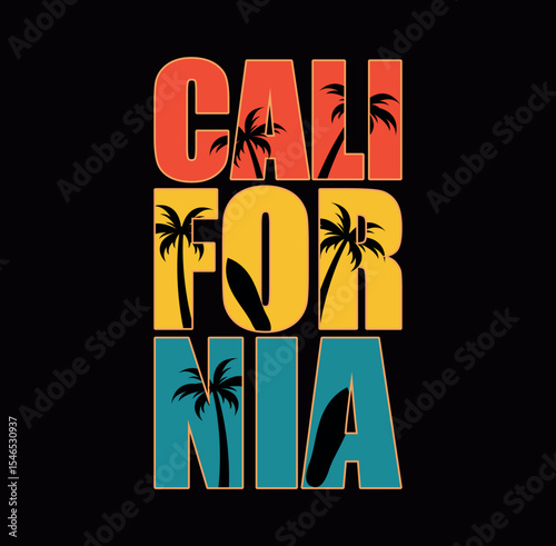 California Retro Typography with Palm Trees in Bright Colors
