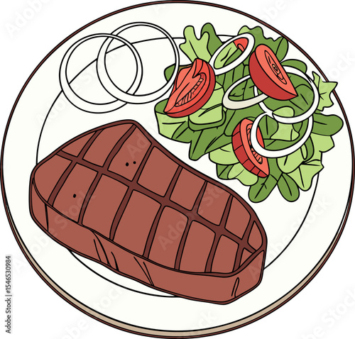 Realistic red meat grill and salad vector image on the plate