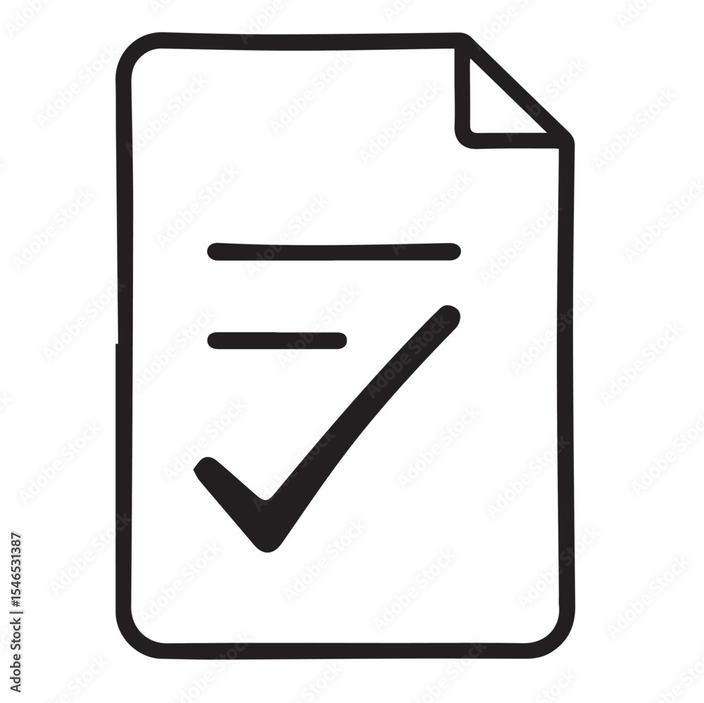 A simple black outline vector drawing of a document with a folded corner, featuring a large checkmark and two lines of text. A simple black outline vector drawing of a document with a folded corner, featuring a large checkmark and two lines of text.
