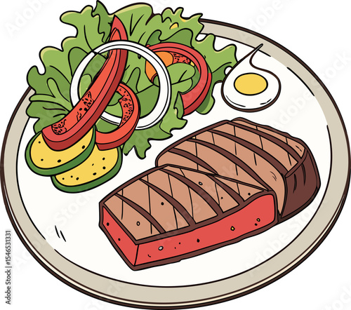 Realistic red meat grill and salad vector image on the plate