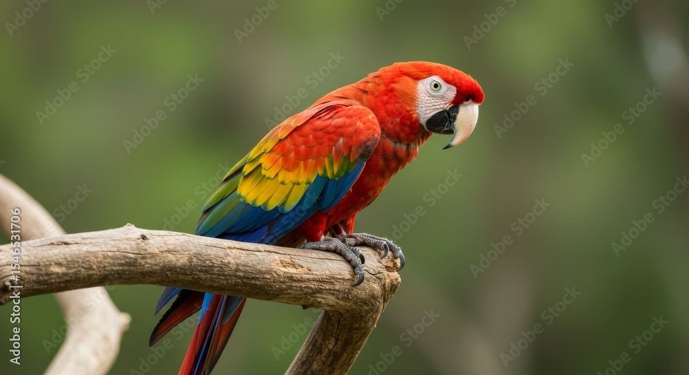 Fototapeta premium Vibrant Scarlet Macaw Perched Elegantly on a Branch Displaying Vivid Plumage