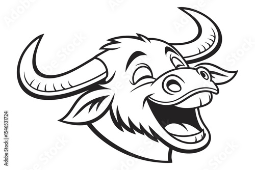 Cartoon bull winks and displays a large smile, rendered in bold monochrome outlines