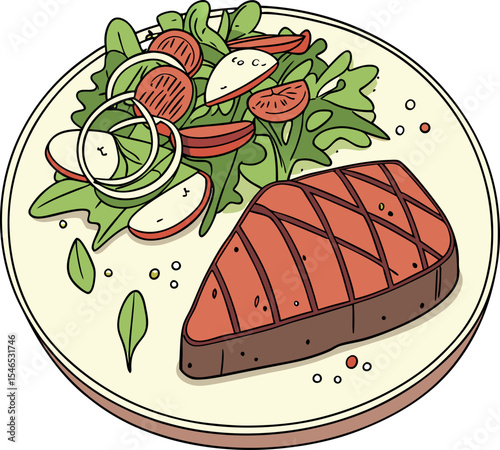 Realistic red meat grill and salad vector image on the plate