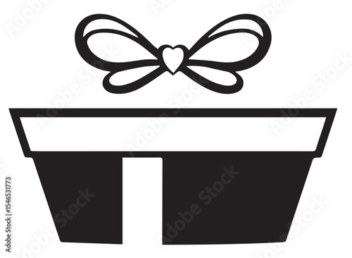 A simple black vector silhouette of a gift box with a ribbon tied in a bow, featuring a small heart in the center, set against a white background.