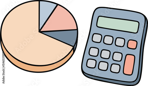Calculator and multicolored pie chart illustrating data distribution and financial analysis concepts in simple design 