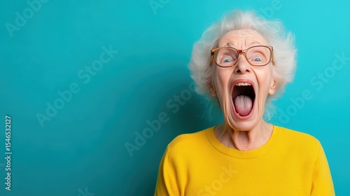 An elderly woman bursts into laughter, showcasing a vibrant personality and carefree spirit, embodying joy and exuberance, perfectly captured against a striking background.