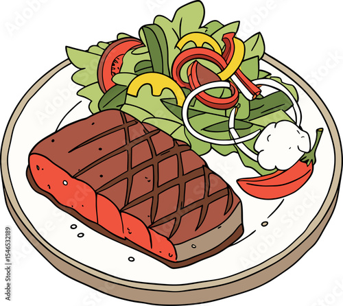 Realistic red meat grill and salad vector image on the plate