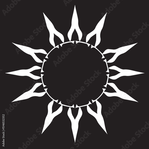 A white vector illustration of a stylized sun with flame-like rays emanating from a central circle, set against a black background.