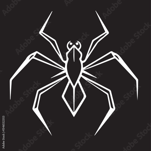 A stylized white vector image of a spider with sharp, angular legs and body, set against a black background, conveying a modern take on an arachnid.